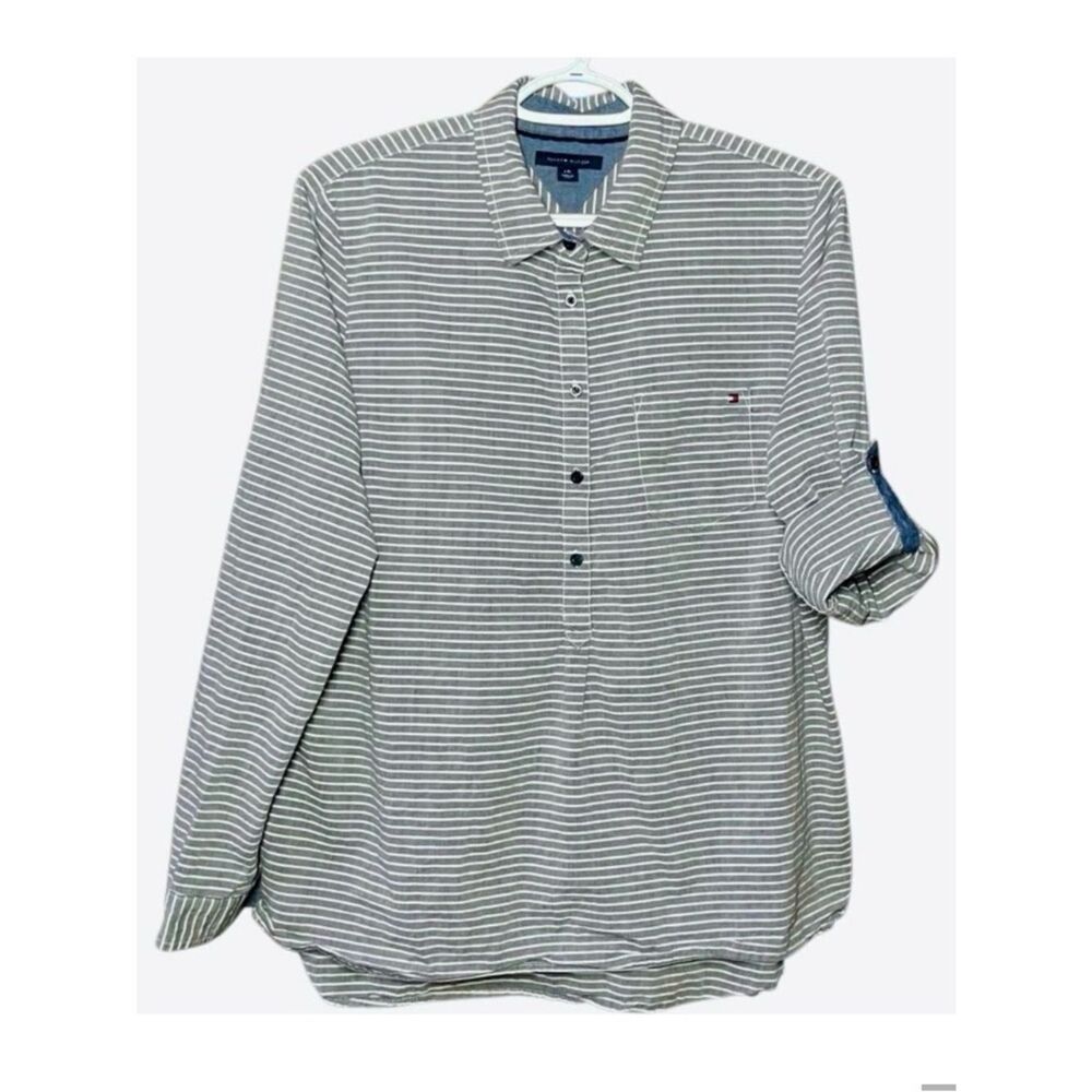 Tommy Hilfiger Striped Cotton Poplin Popover in Grey/White Women’s L